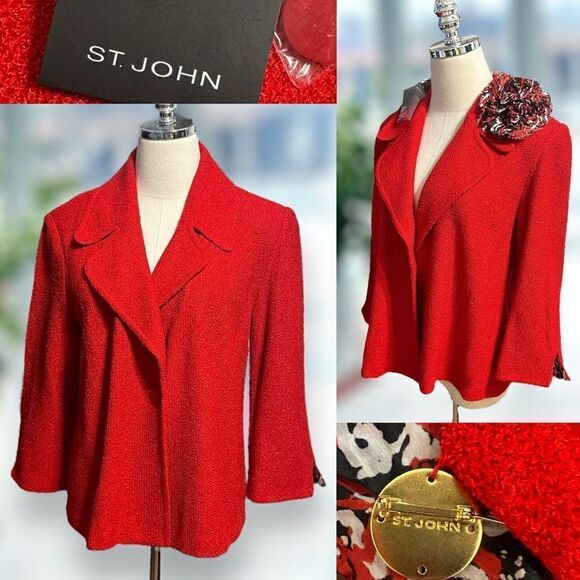 NWT St. John Venetian Red $1250 Tweed Boucle Wool Blend Jacket Blazer Size 10 - Picture 1 of 16